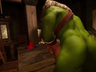 Whore barmaid serves last call for orc patron