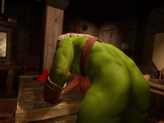 Whore barmaid serves last call for orc patron