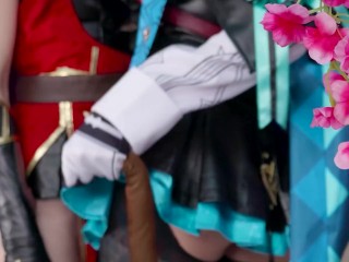 Geishin characters fuck each other with big dildos and cum from it 4k