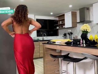 Ebony MILF maid Carla Morelli caught in red dress by Brandon Cruz and taken hard with BBC and doggy