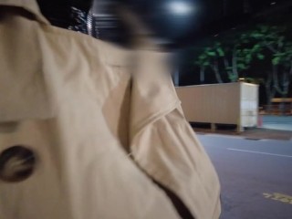 public walk trench coat under is black enamel nurse suit then masturbate at open door hotel