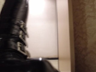 public walk trench coat under is black enamel nurse suit then masturbate at open door hotel