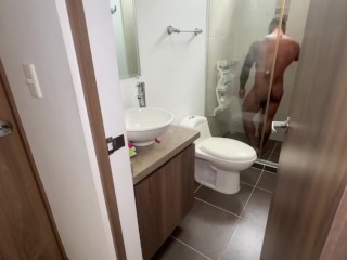 The room service girl discovers me taking a shower and gets hot!!