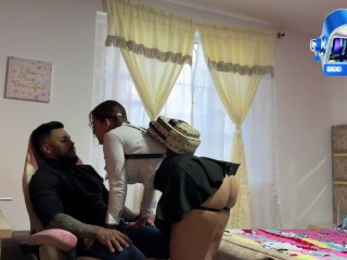 I'm alone with my sister's busty friend. We fuck without a condom, and I cum inside her.