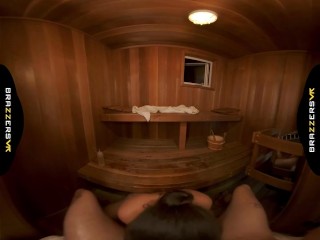 BRAZZERS VR - Kimber Woods Oils You Up And Takes A Sweaty Ride On Your Hard Cock In A Sauna