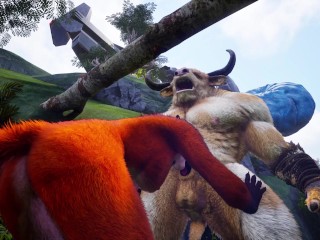 Minotaur fuck furry Foxy Girl and Tiger Girl in the rain - romantic fun