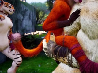 Minotaur fuck furry Foxy Girl and Tiger Girl in the rain - romantic fun