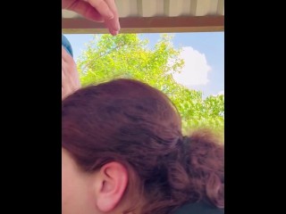 Hug tit milf let’s him use her mouth & pussy on a public trail