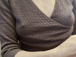 Having coffee with my wife while she shows her tits and nipples in public wearing no bra