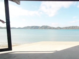 Mint sexy lingerie of Japanese at open terrace