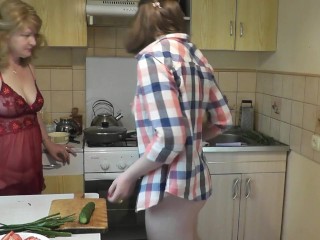 Two girls Sexy blonde Milf and beautiful brunette girl naked in kitchen without panties. Tits Ass