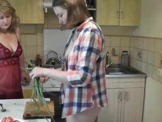 Two girls Sexy blonde Milf and beautiful brunette girl naked in kitchen without panties. Tits Ass