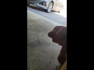 Twink boy jerking off and cuming at 3pm in public with the garage door open! Naked twink solo public