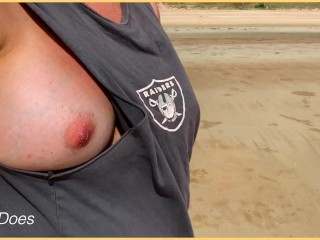 WIFEY dared walking around side boob on public beach