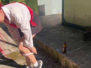 I caught my neighbor's daughter, a graduate, drinking  and punished her with a bottle in her ass