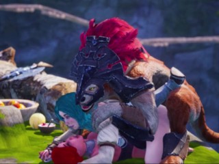 Threesome with a Lizardman with two dicks, Warrior Princes and Elf have double fuck, anal and facial