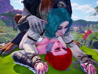 Threesome with a Lizardman with two dicks, Warrior Princes and Elf have double fuck, anal and facial