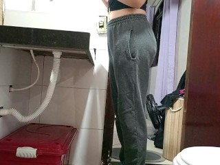 Maid is caught in the bathroom.