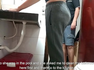 Maid is caught in the bathroom.