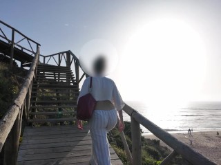 Teen naked on the public beach flashing!