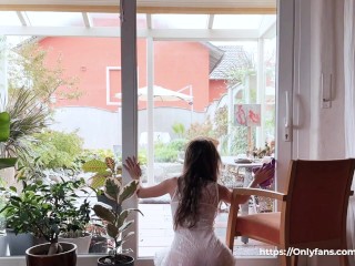 Naked Window Cleaning with a Hot Brunette in a Sheer Dress and No Panties * Amy Haze