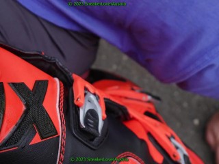 slave cleans my fox boots, nike jordan 4, kick nuts