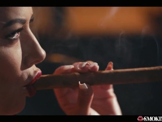 Horny Milf with HUGE Tits Masturbating and Giving Blowjob While Smoking a 9 Inch Cigar