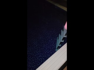 Boy jerking off by the fire and then cumming in neighbors pool! Risky public outside masturbation!