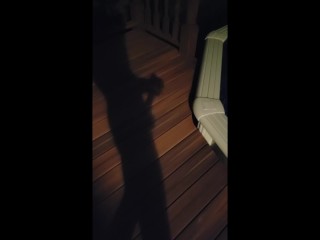 Boy jerking off by the fire and then cumming in neighbors pool! Risky public outside masturbation!