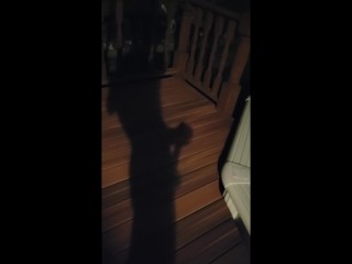 Boy jerking off by the fire and then cumming in neighbors pool! Risky public outside masturbation!