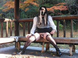 Cute transvestite who is crazy about outdoor exposure masturbates and urinates profusely