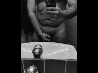 Hot guy in tighty whities pulls out his big soft cock in the office restroom