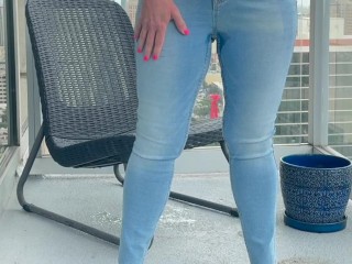 Masturbating with a Toy in my Pussy and Soaking my Jeans on the Balcony