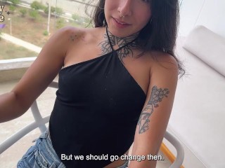 Latina babe gets FUCKED in the Hotel's balcony before the party