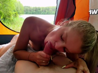 While this slut's husband was relaxing in a nearby tent, she sucked my dick and fucked in the ass