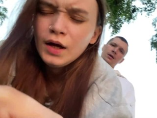 Fucking hard my best friend's hot girlfriend in forest while he setting up a tent