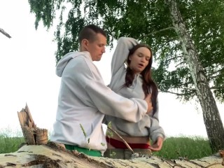 Fucking hard my best friend's hot girlfriend in forest while he setting up a tent