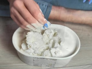 Wet and messy ice cream challenge in leather jacket and levis jeans