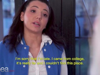 Lesbea Blonde estate agent makes college girl an offer she can't refuse