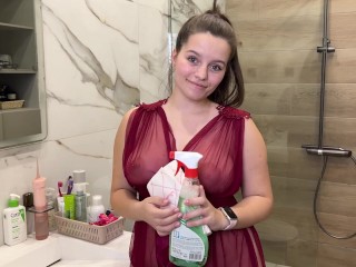 Sexy Housemaid is Teasing With Closeup Pussy, Big Boobs And Juicy Ass When Cleaning Bathroom