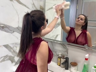 Sexy Housemaid is Teasing With Closeup Pussy, Big Boobs And Juicy Ass When Cleaning Bathroom