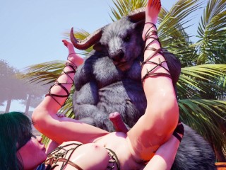Minotaur monster with huge cock fucks cute girl in oasis