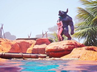 Minotaur monster with huge cock fucks cute girl in oasis