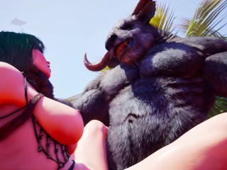 Minotaur monster with huge cock fucks cute girl in oasis