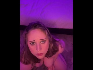 Blonde girl made a custom video for a fan and begs him to cum on her face, with subtitles