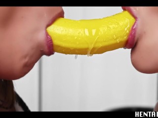 Girls Fucking Fruits & Vegetables - Sexy Lesbian Girls Dildo Fucking Each Other with Corn & Cucumber