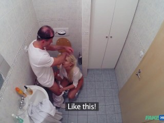 Busty Blonde Needs Help in the Doctors Toilet - Fake Hospital