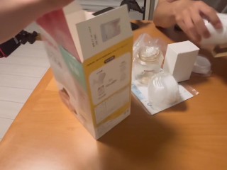 【ボテ腹】搾乳器を買ったから、私の乳首と彼の乳首を使って練習したよ✨