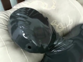 Black Latex Catsuit Encasement With Rubber Mask And Breathplay Masturbation