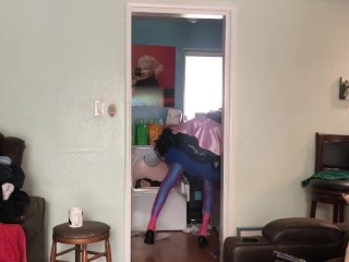 Good sissy maid doing the chores while mistress is out and about 